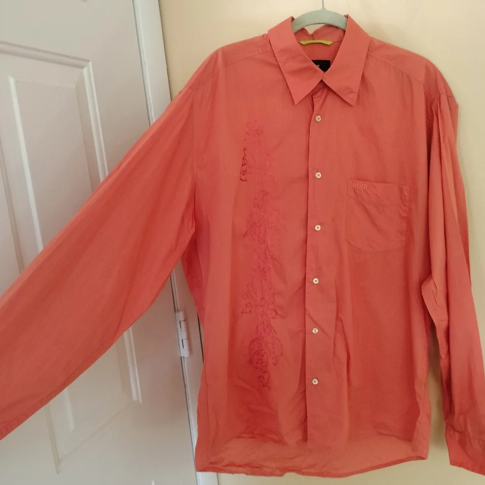 Havana Nines Mens Coral Embroidered Long Sleeve Cotton Shirt L Vacation Miami
